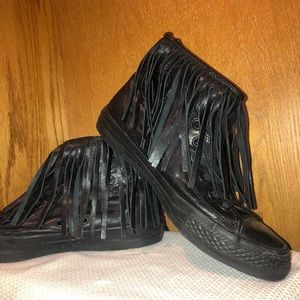 Black leather fringe converse